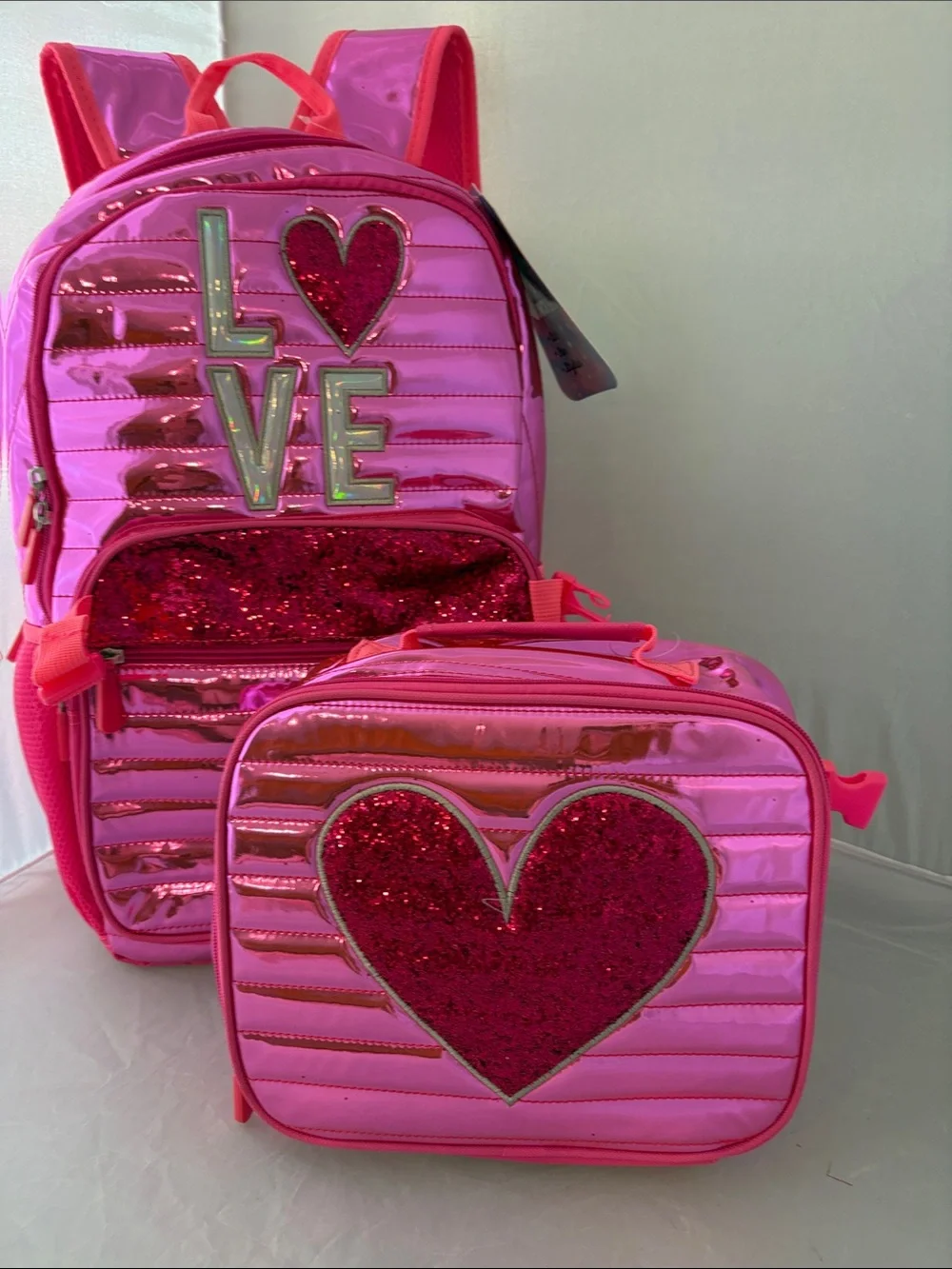 New Beautiful Girls Pink Glitter 'LOVE' Backpack and Lunch Bag Set